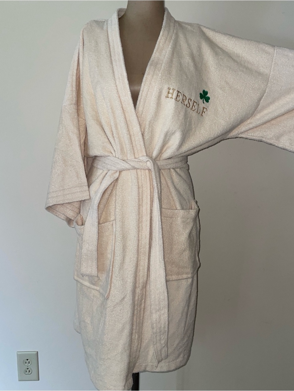 VNTGE Irish themed Embroidered 'Herself' Cream Terry‎ Robe